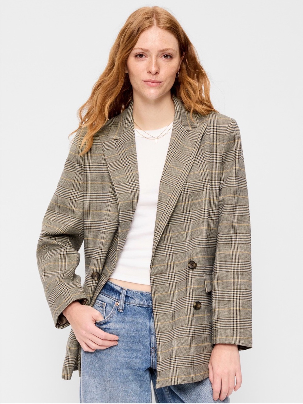 Old Navy Plaid Double-Breasted Blazer Jacket - Taupe/Beige
